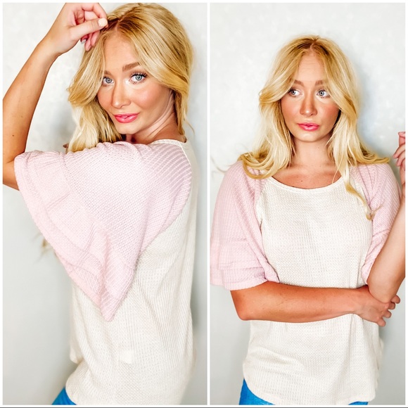 ALL A FLUTTER RUFFLE  SLEEVE WAFFLE KNIT TUNIC - Picture 2 of 7